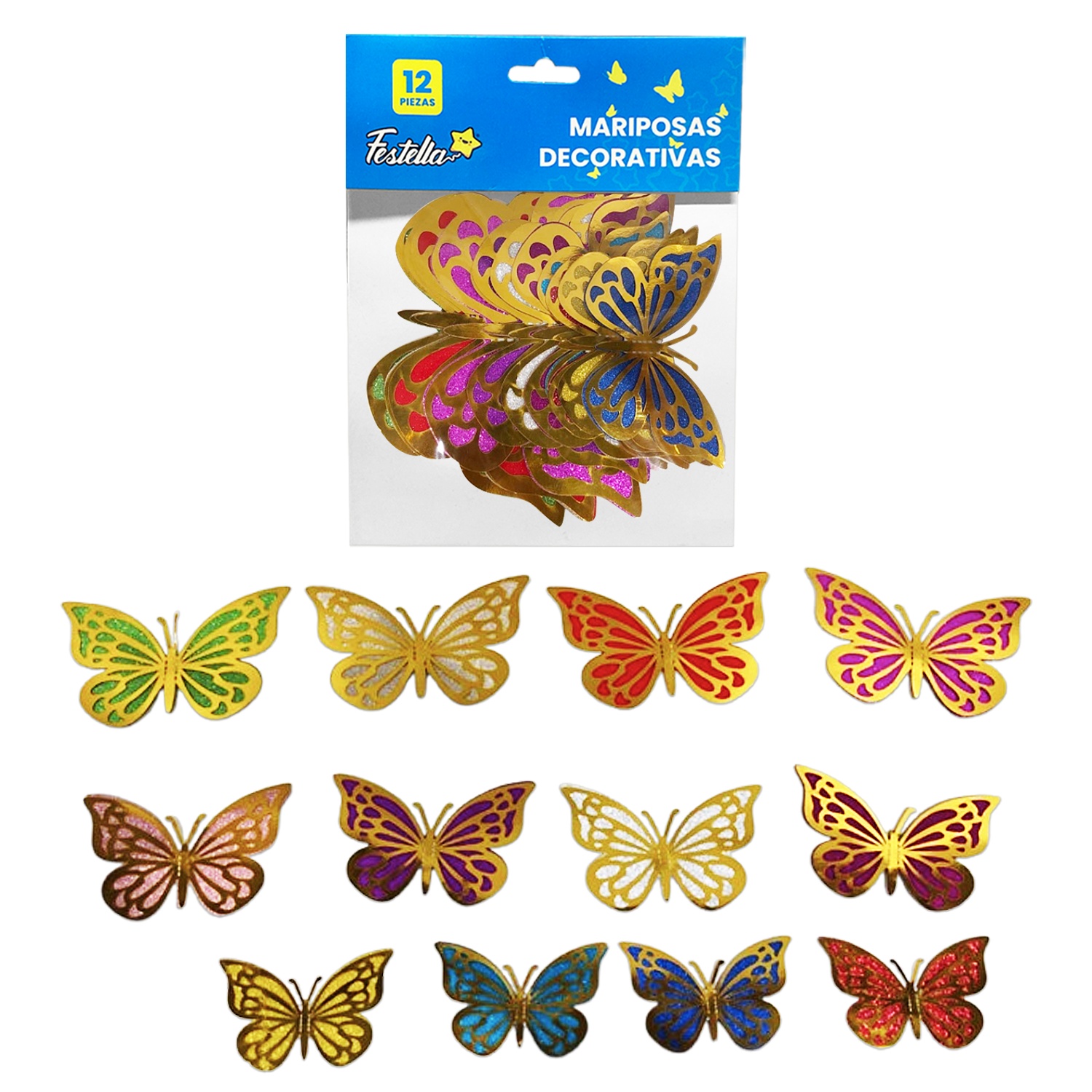 MARIPOSA DECORATIVA BRILLANTE DORADA X12 (PQTX12)