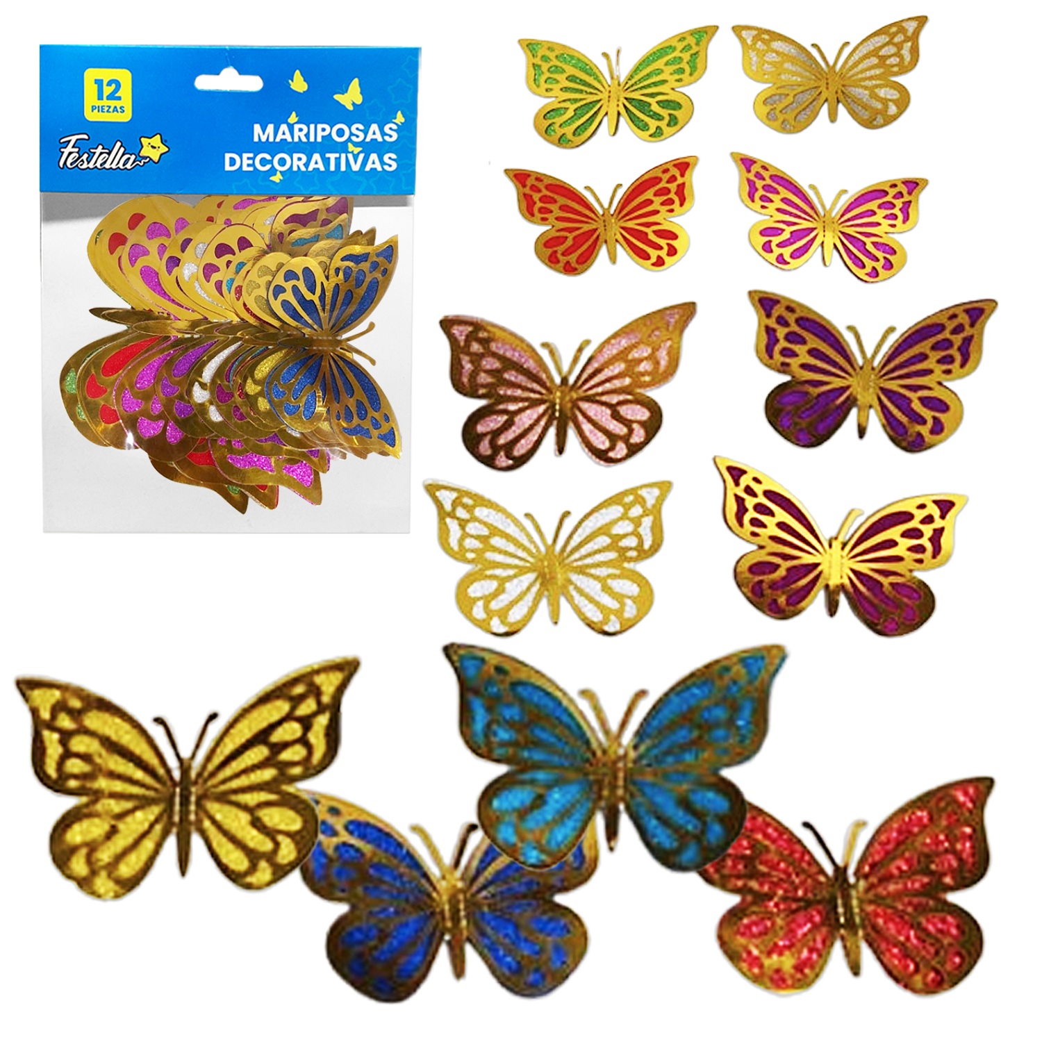 MARIPOSA DECORATIVA BRILLANTE DORADA X12 (PQTX12)