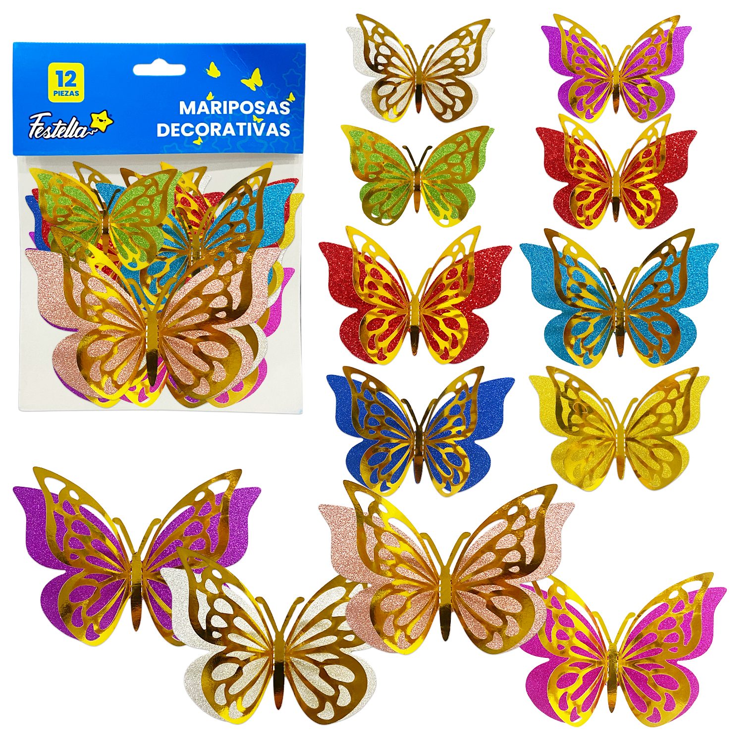 MARIPOSA DECORATIVA BRILLANTE DORADA X12 (PQTX12)