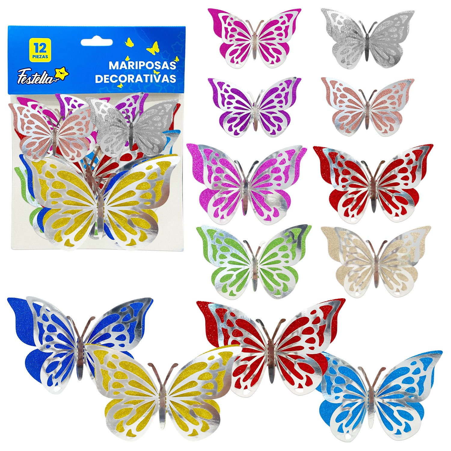 MARIPOSA DECORATIVA BRILLANTE PLATEADA X12 (PQTX12)