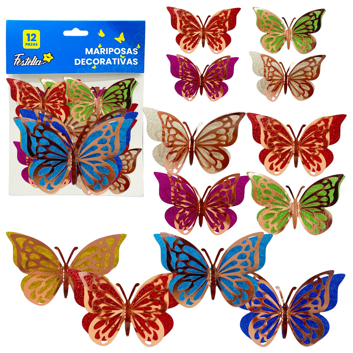 MARIPOSA DECORATIVA BRILLANTE PALO ROSA