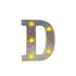 LAMPARA DE LETRA D 16CM FONDO PLATEADO BRILLANTE LUZ CALIDA