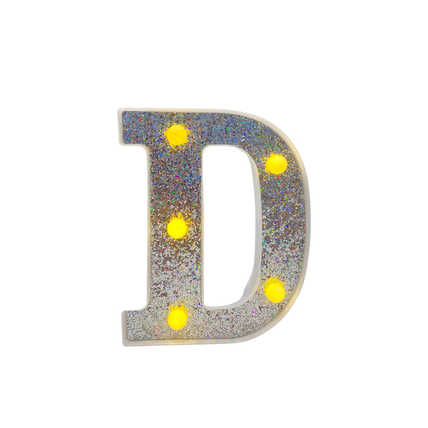 LAMPARA DE LETRA D 16CM FONDO PLATEADO BRILLANTE LUZ CALIDA