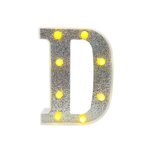LAMPARA DE LETRA D 21.8CM FONDO PLATEADO BRILLANTE LUZ CALIDA