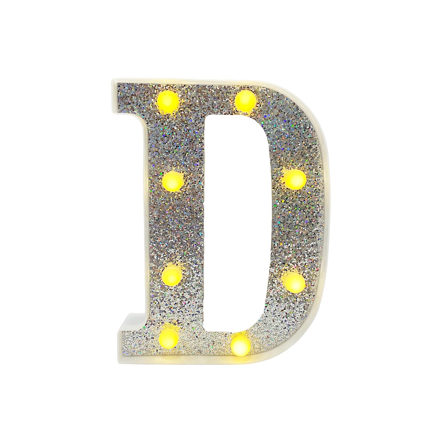 LAMPARA DE LETRA D 21.8CM FONDO PLATEADO BRILLANTE LUZ CALIDA