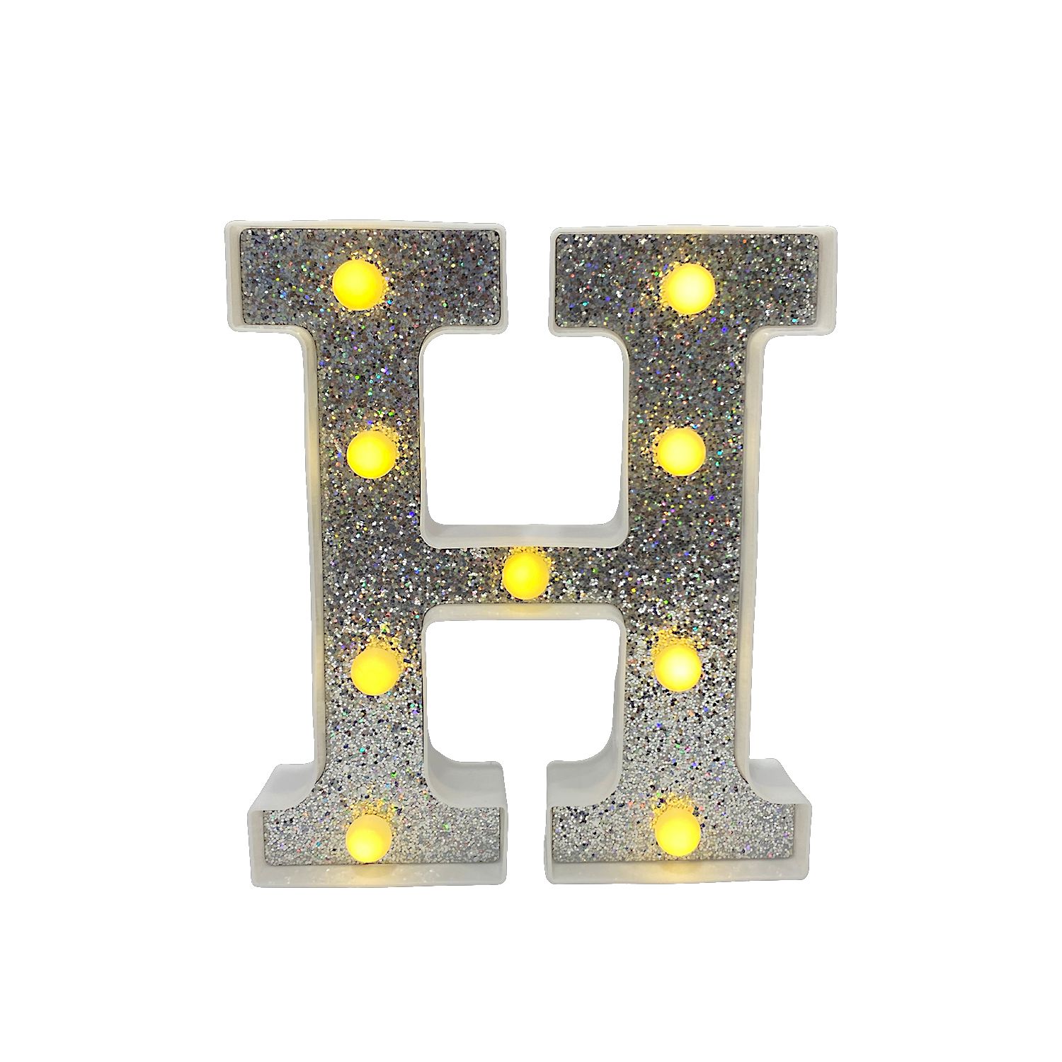 LAMPARA DE LETRA H 21.8CM FONDO PLATEADO BRILLANTE LUZ CALIDA