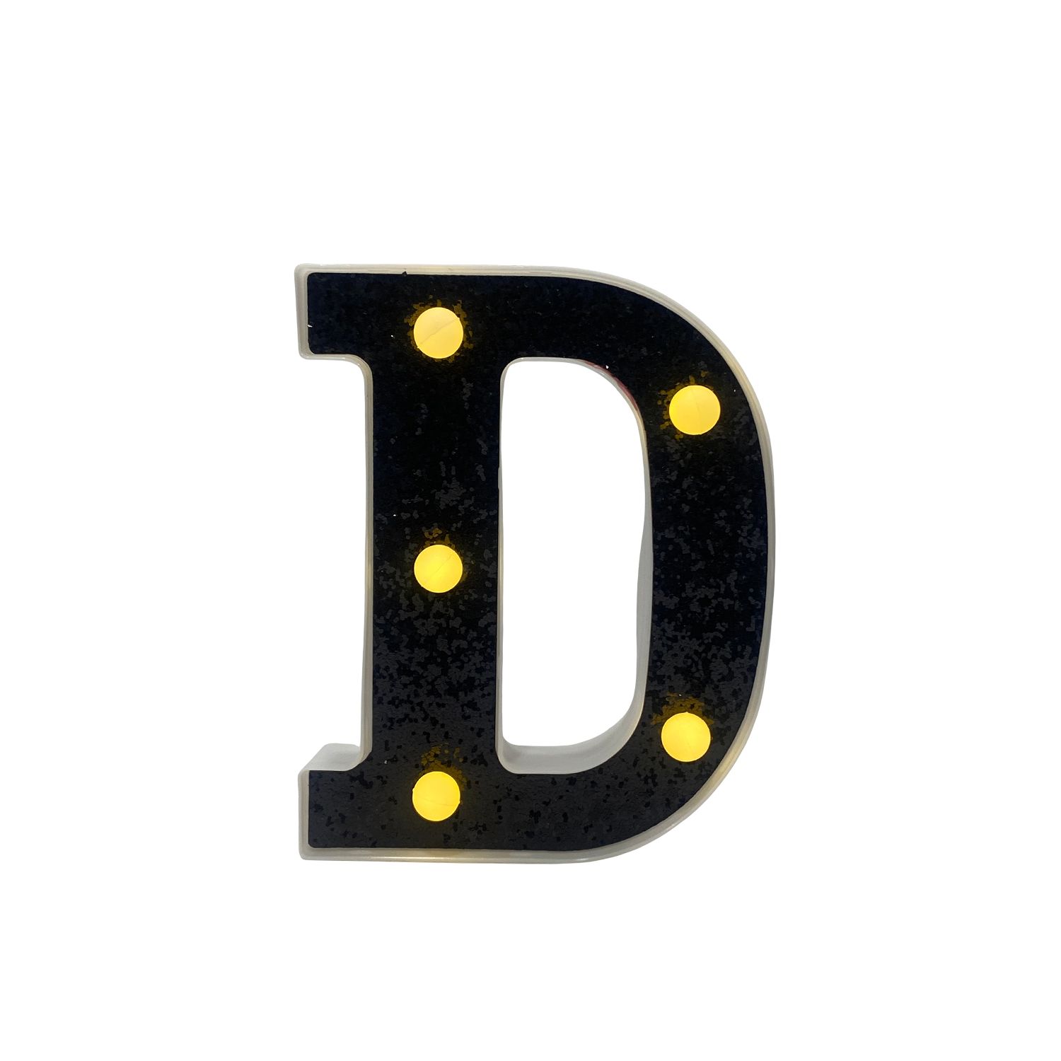 LAMPARA DE LETRA D 16CM FONDO NEGRO BRILLANTE LUZ CALIDA