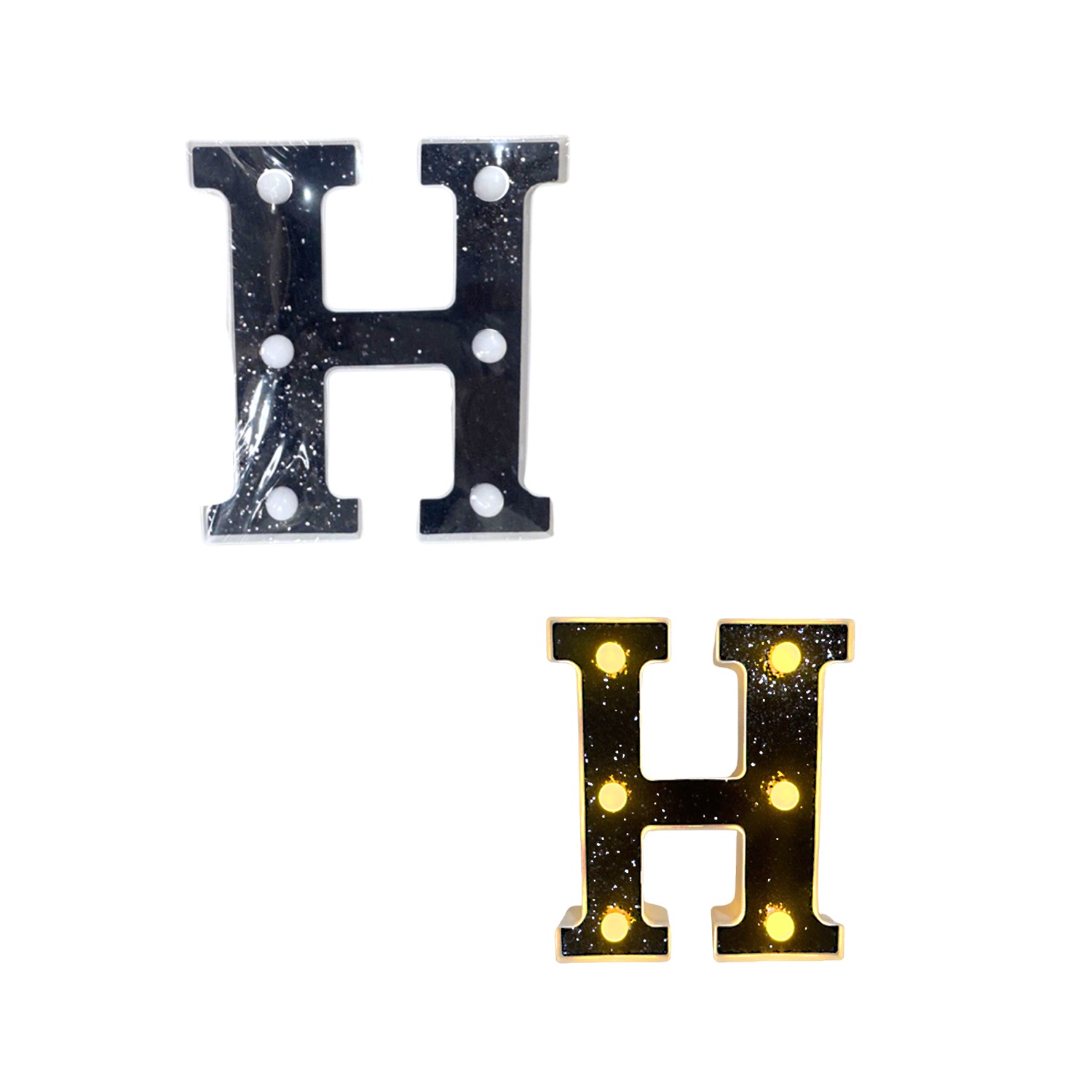 LAMPARA DE LETRA H 16CM FONDO NEGRO BRILLANTE LUZ CALIDA