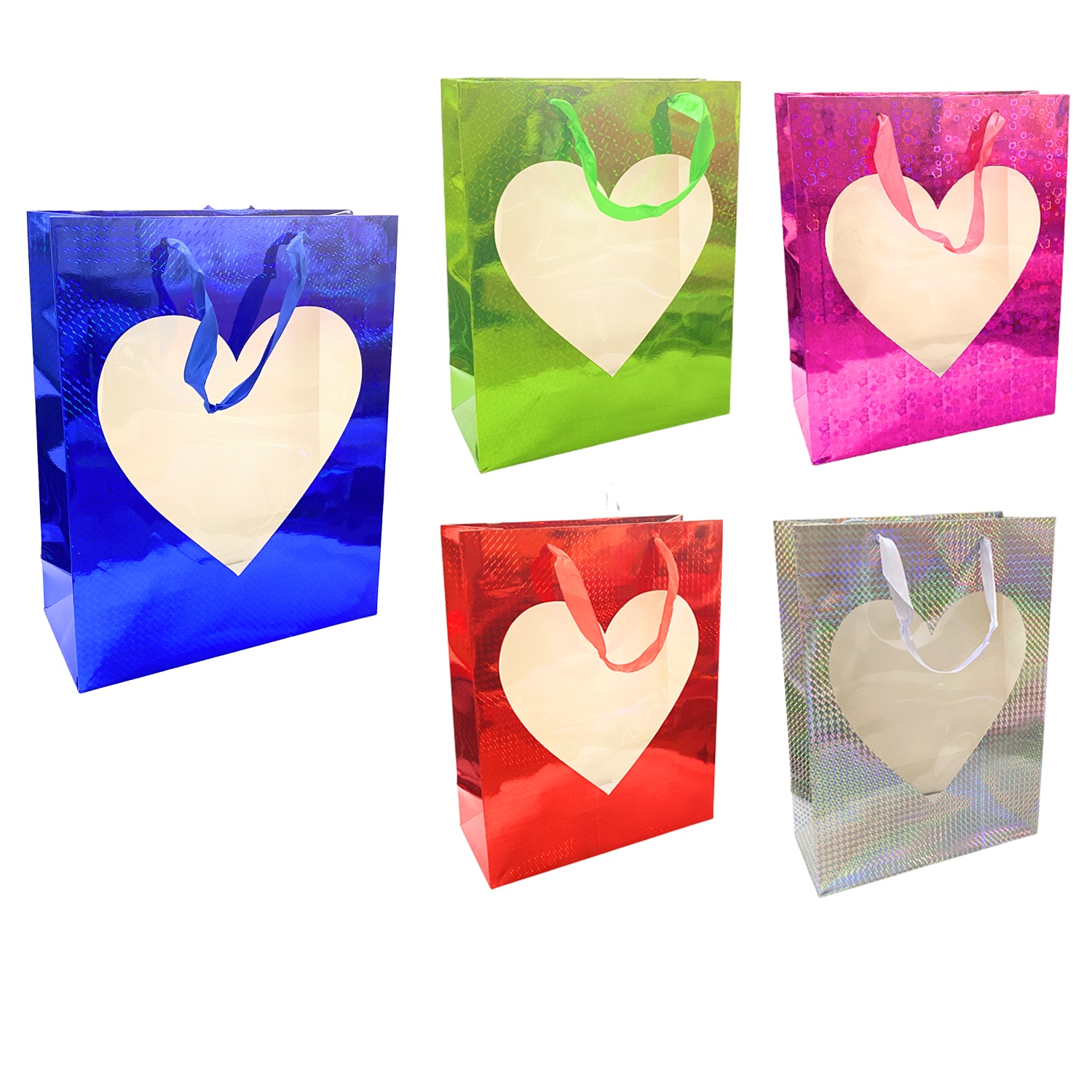 BOLSA REGALO HOLOGRAMA CORAZON 32*26*11CM (PQTX10)