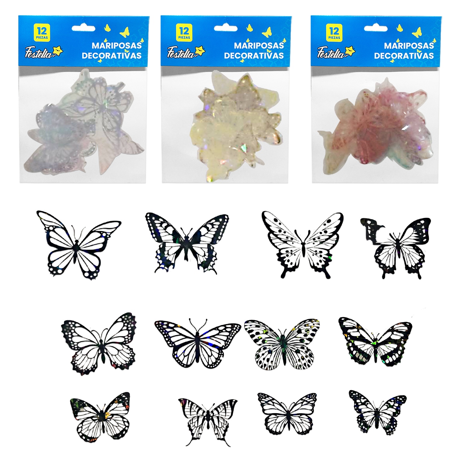 MARIPOSA DECORATIVA SURTIDA X12 (PQTX12)