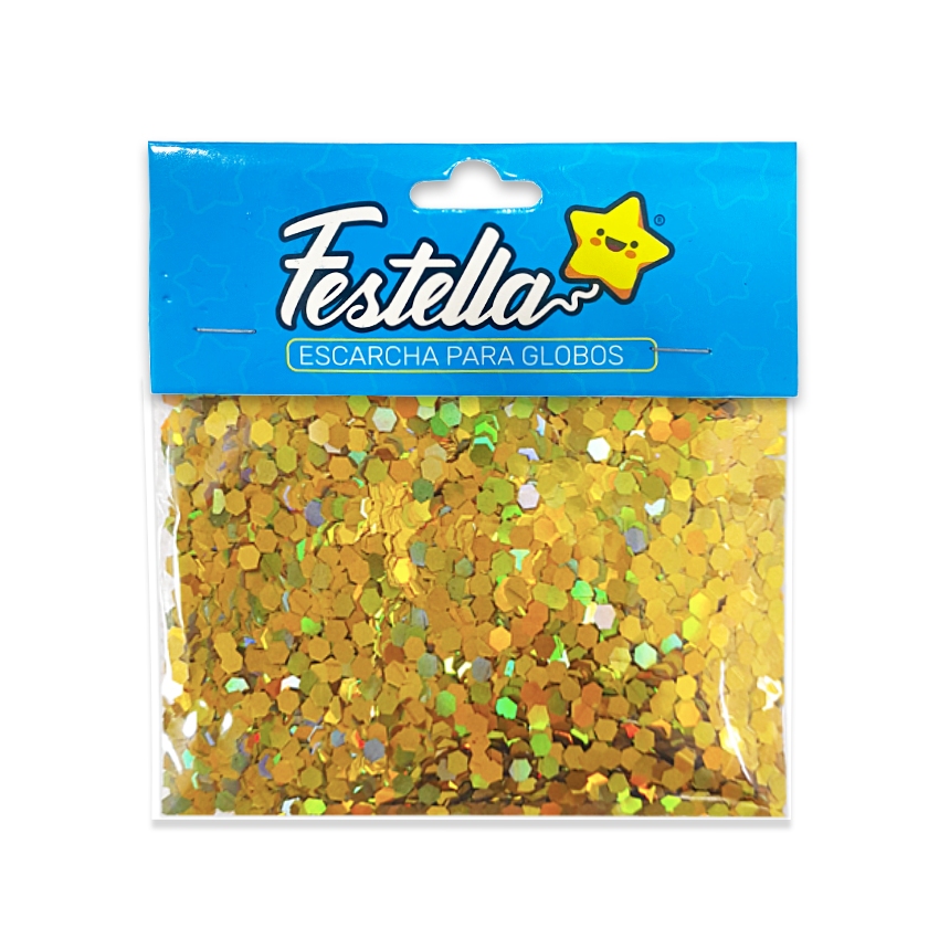 ESCARCHA PARA GLOBO DORADA HEXAGONAL (PQTX12)