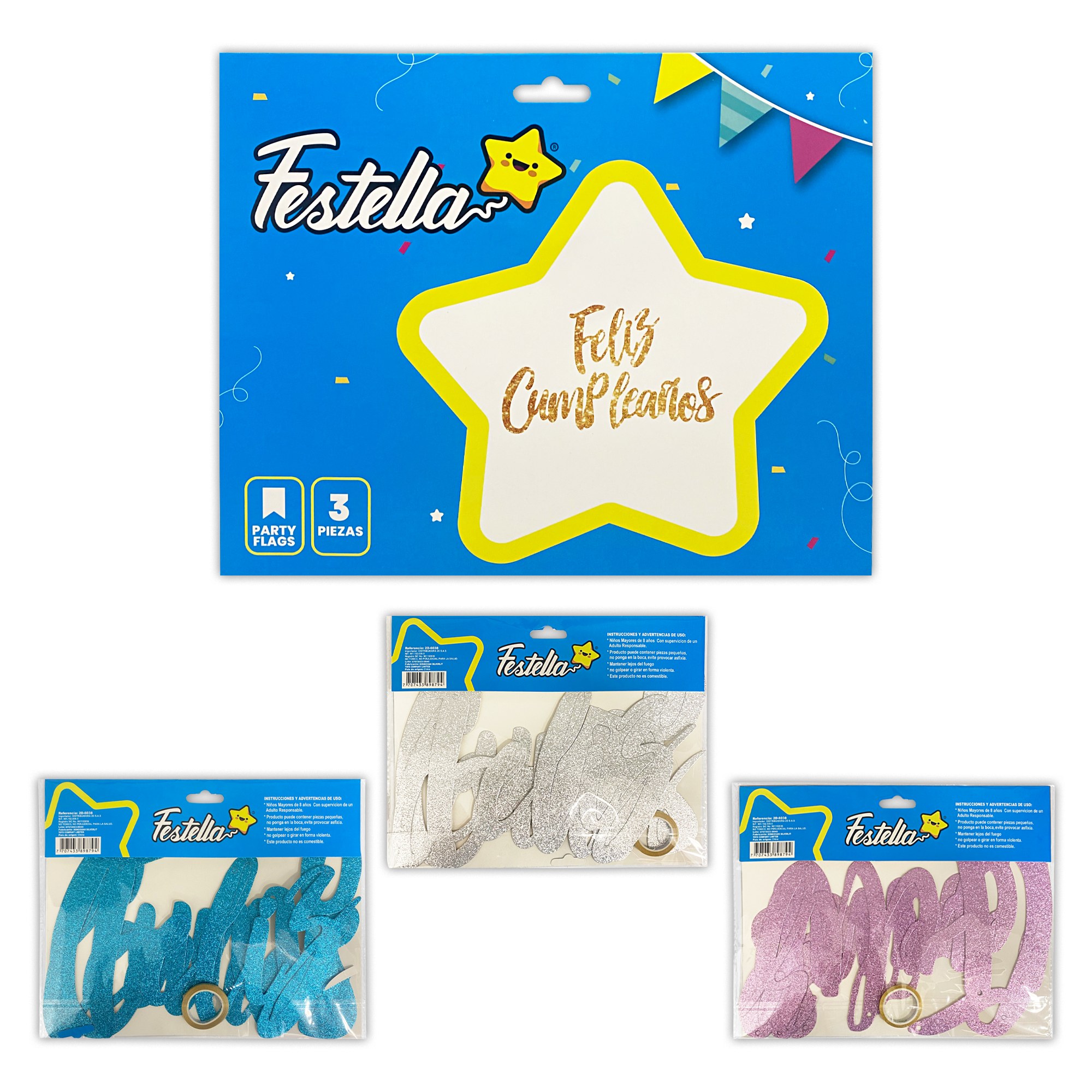 LETRERO FELIZ CUMPLEAÑOS ESCARCHADO SURTIDO (PQTX12)