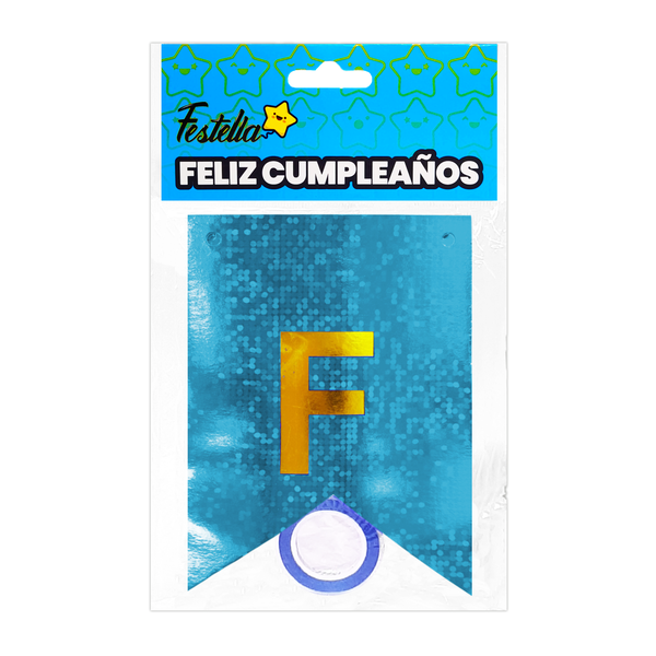 BANDERIN FELIZ CUMPLEAÑOS HOLOGRAMA AZUL CLARO (PQTX12)