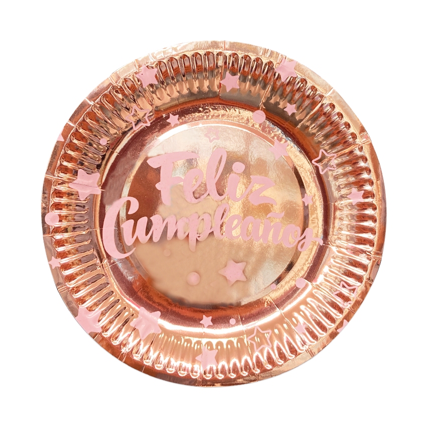 PLATO DE FIESTA FELIZ CUMPLEAÑOS X10 PALO ROSA