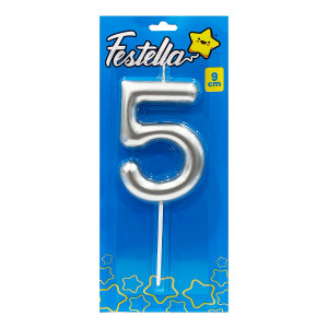 VELA NUMERO 9CM PLATEADA #5 (CJX12)